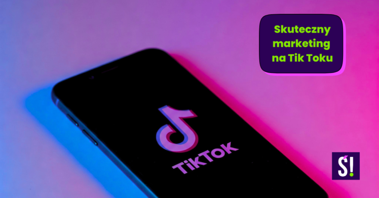Smartfon z wyświetlonym logo Tik Toka. Napis: skuteczny marketing na tiktoku