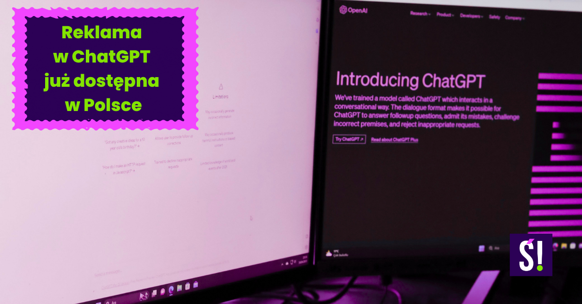 Screen z chata GPT i napis: Reklama w ChatGPT już dostępna w Polsce